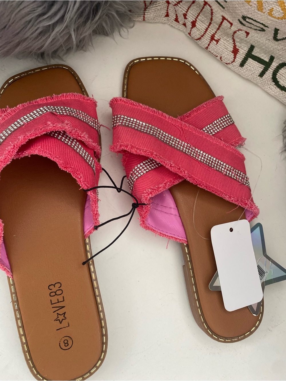 Love Pink Frayed Crisscross Slide Sandals with Rhinestone Straps